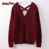 Herfst truien voor vrouwen uit schouder backless winter Warm Womens V-hals Roze dames trui lange mouwen 210428