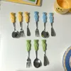 Cute Bear Spoon Fork Ceramic Dessert Spoons Dinnerware Cutleries Cartoon Spoon Fork Butter Kinfe Set 211108