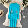 New design women's o-neck candy color puff long sleeve knitted knee length pencil dress