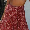 Богемский оранжевый тотемный цветок печати широкие брюки ноги этнической женщины праздник эластичный талия лук полная длина брюки Femme случайные 210429