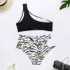 Sexy One Shoulder Bikini High Waist Swimsuit Women Hollow Out Swimwear Female Two Pieces Set Print Bathing Suits 210521
