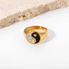 Eheringe Super funkelnder Zirkon Yin Yang Ring 18 Karat vergoldeter Edelstahl Schwarz Weiß Bagua Ta Chi Ying