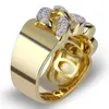 Man's Cuban Chain Shape Rins Band 18k Gold Ring Crytal for Men Hip Hop Fashion Jewelry Will and Sandy