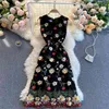 한국 봄 패션 여성 A 라인 드레스 물결 모양의 민소매 슬림 수 놓은 우아한 옷 Vestidos R224 210527