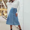 Люси, Осень Empire Джинсовые юбки Женщины Элегантное зашнурование прямой синий юбка женщина Корейский повседневная кнопки юбка женщина 210521