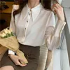 ソリッドカラー女性のシャツ長袖シフォンシャツボタンアップビンテージブラウスホワイトレディ女性ルーズ204F 210420