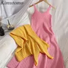 Kimutomo Sólida Color Base Verão Vestido Suspensão Suspensão V-Neck sem mangas Roupas de malha emagrecimento Coreano Vestidos de Mujer 210521