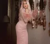 Aftonklänning Yousef Aljasmi Zuhair Murad Myriam Faes High Neck Pink Sheath Feather Silver Crystals Långärmad Bodycon Kim Kardashian Kylie Jenner