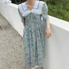 여성 블루 캐주얼 레이스 패치 워크 플로랄 패턴 긴 드레스 선원 칼라 짧은 퍼프 슬리브 느슨한 여름 2F0529 210510