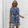 Mini Kobiety Beach Boho Sukienka Lato Kwiatowy Druku Luźna Sukienka Sexy V Neck Boho Beach Krótki Rękaw A Linia Sun Dress Vestido 210514