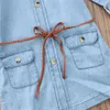 Großhandel Baby Kinder Mädchen Kleidung Denim Kurze Mini Kleider Langarm Gürtel Retro Mode Lässig Kinder Party Hemd Kleid Q0716