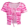 Summer Beach Holiday Tie-dye Short Sleeve Top 2022 Home Leisure Fashion Women Street Clubwear Lace-up Cropped T-shirt Women's