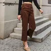 Soltos Senhoras Brown Plus Size Calças Palazzo Vintage Cintura alta Outono Mulheres Mulheres Sólidas Calças Sólidas 210414