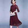 Printemps Automne Automne Bureau Dames Vintage Robes De Piste Vin Rouge Dentelle Patchwork À Manches Longues Femmes Parti Casual A-Line Robe Midi 210520