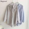 Vår randig skjorta blus kvinnor lös långärmad tröjor toppar kvinnlig knapp bomull casual office lady blåsor blusas 13057 210512