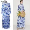 runway designer maxi dress blue flower printed sashes chiffon O-neck long sleeve party casual dresses for women 2XL 210421