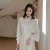 2 piece set Suit Korea Ladies brought a word shoulder white shirt and Long Skirt 210602