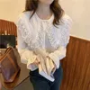 Chic Vintage Shirt Peter Pan Collar Spring Lace Solid Loose Fashion All Match Casual Streetwear Blouses 210525