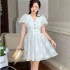 White Lace Hollow out Woman's Dress V-Neck High Waist Puff Sleeve Vestidos Summer Ladies Elegant Vintage Female 210519