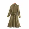 Polka Dot Satin Dress女性ラペルカラー長袖シャツミディ女性ファッション縛られたベルトボタンアップカジュアルES 210519