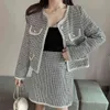 Herfst winter vintage tweed 2 stuk set vrouwen korte wollen jas jas + bodycon mini rok pakken elegante twee outfits 210514