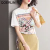 레이스 업 티셔츠 소녀 여름 반팔 여성 스티치 레트로 인쇄 탑 플러스 사이즈 세련된 흰색 여성 티셔츠 S-2XL 210601