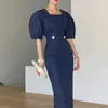 Korejpaa Frauen Kleid Koreanische Einfache Temperament Einfarbig Quadrat Kragen Tasten Dekorative Schlanke Blase Sleevesbutt Vestido 210526