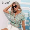 Retro floral print button woman Summer elastic sleeve lace up short blouse Holiday vacation fashion top 210414