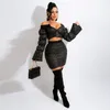 Vrouwen tweedelige jurk plaid dikker matching sets lady off the shoulder lange mouwen crop top en ritssluiting bodycon slank rok pak voor herfst winter slijtage