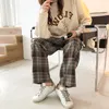 Qooth Plaid Pants 레트로 모든 일치 스프링 바지 느슨한 및 얇은 바닥 캐주얼 스트레이트 바지 여성 긴 바지 Qt522 210518