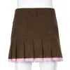 Sweetown Brown Corduroy Y2K plisowane spódnice Kobiety Vintage 90s Estetyczne szkolne dziewczynka mini spódnica koronkowa szem hem urocze ubrania kawaii y0824