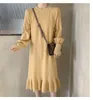 Elegante suelta mujer suéter de punto vestido Otoño Invierno mujer volantes manga linterna Casual cuello alto pulóver Vestidos 210514