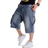 Herr Plus Size Lös Baggy Denim Korta Jeans Mode Streetwear Hip Hop Lång 3/4 Capri Cargo Shorts Ficka Bermuda Man Blå