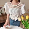 Damesblouses Shirts Dames Vintage Blouse Sexy Hol Haak Crochet Crop Top Boho Beach Wear Gebreide Tops Franse stijl Elegante Blusa Femin