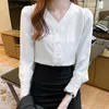 Korean Women Chiffon Blouse White Shirts Long Sleeve V Neck s for woman Lace Patchwork Ladies Tops Plus Size 210531