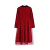 NBPMの女性のシックなファッション赤いメッシュドレスビンテージエレガントチュールデザインスイートシックな穏やかなvestidos Mujer High Whirs 210529