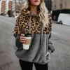 Casual Loose Plush Leopard Patchwork Hoodies Kvinnor Zipper Toppar Långärmad Drawstring Hooded Warm Sweatshirt med fickor Höst 210805