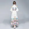 Spring Fashion Designer Turn Down Collar Belt Bow Dress Women Long Sleeve Vintgae Chain Flower Printed Holiday Party Dress 210514