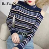 Vintage Casual Off Schulter Sexy Pullover Frauen Gestreiften Schlank Mode Tops Frühling Herbst Pullover Strickte Weibliche Jumper 210506