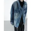 IEFB /men's wear asymmetric turn down collar bule denim jackets spring Fashion niche design two wears coat male 9Y4027 210524