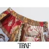 TRAF Women Chic Fashion Patchwork Print Wide-leg Pants Vintage High Waist Side Pockets Female Trousers Mujer 210415
