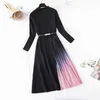 Autumn Winter Elegant Knitted Patchwork Gradient Pink Pleated Dres Long Sleeve Office Sweater Dress With Belt 211029