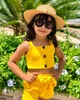 1-5歳の夏の女の子スーツソリッドカラーボタンカミソレ+弓ショーツツーピース甘いカジュアルな服210515