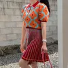 Mulheres Conjunto de Verão Coreano Chique Retro Lapela Jacquard Loose Slow Slow Sleeve Sweater Cintura alta Impressão A linha Skirt Plissada 210514