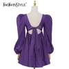 Elegant Purple Lace Up Dress For Women Square Collar Long Sleeve High Waist Ruched Slim Mini Dresses Female Fashion 210520