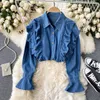 Nomikuma Vintage Jeans Blouse Shirt Causal Double Ruffle Patchwork Women Tops Spring New Demin Blusas Camisas Mujer 6E116 210427
