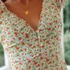Foridol Puf Kollu Bohemian Yarık Uzun Elbise Kadın Yaz Plaj Düğmesi V Boyun Çiçek Maxi Elbise Backless Elbise Vestidos 210415