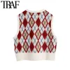 TRAF Moda Donna Allentato Ritagliata Argyle Maglia Maglione Maglia Vintage Scollo a V Senza Maniche Gilet Donna Chic Top 210415