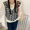 Höst Houndstooth Vintage Stickad Sweater Vest Kvinnor V-Hals Ärmlös Loose Fashion Ladies Pullovers Femme 210513