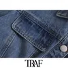 TRAF Women Fashion With Elastic Hem Ruffle Cropped Denim Blouses Vintage Puff Sleeve Button-up Female Shirts Chic Tops 210415